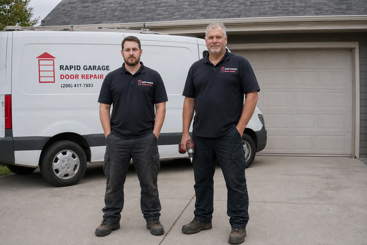 Rapid Garage Door Repair technicians and service van outside a home in Boise, ID