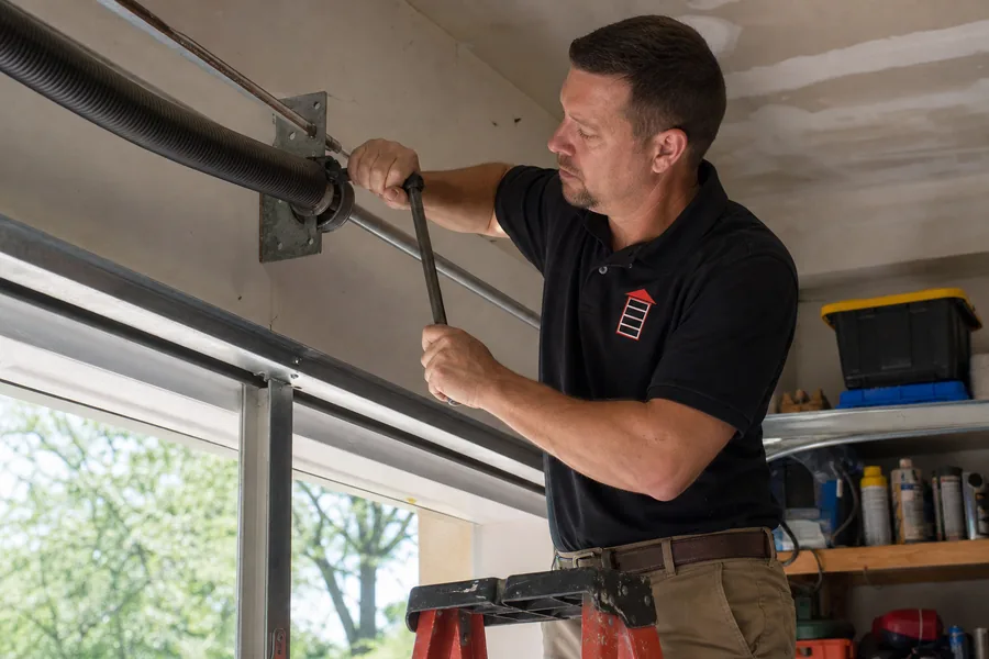 Rapid Garage Door Repair technician replacing a broken torsion spring in Boise, ID