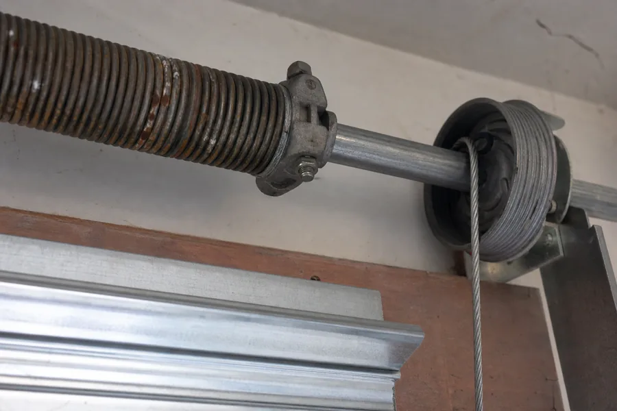 Torsion spring, shaft and cable drum above a garage door in Boise, ID